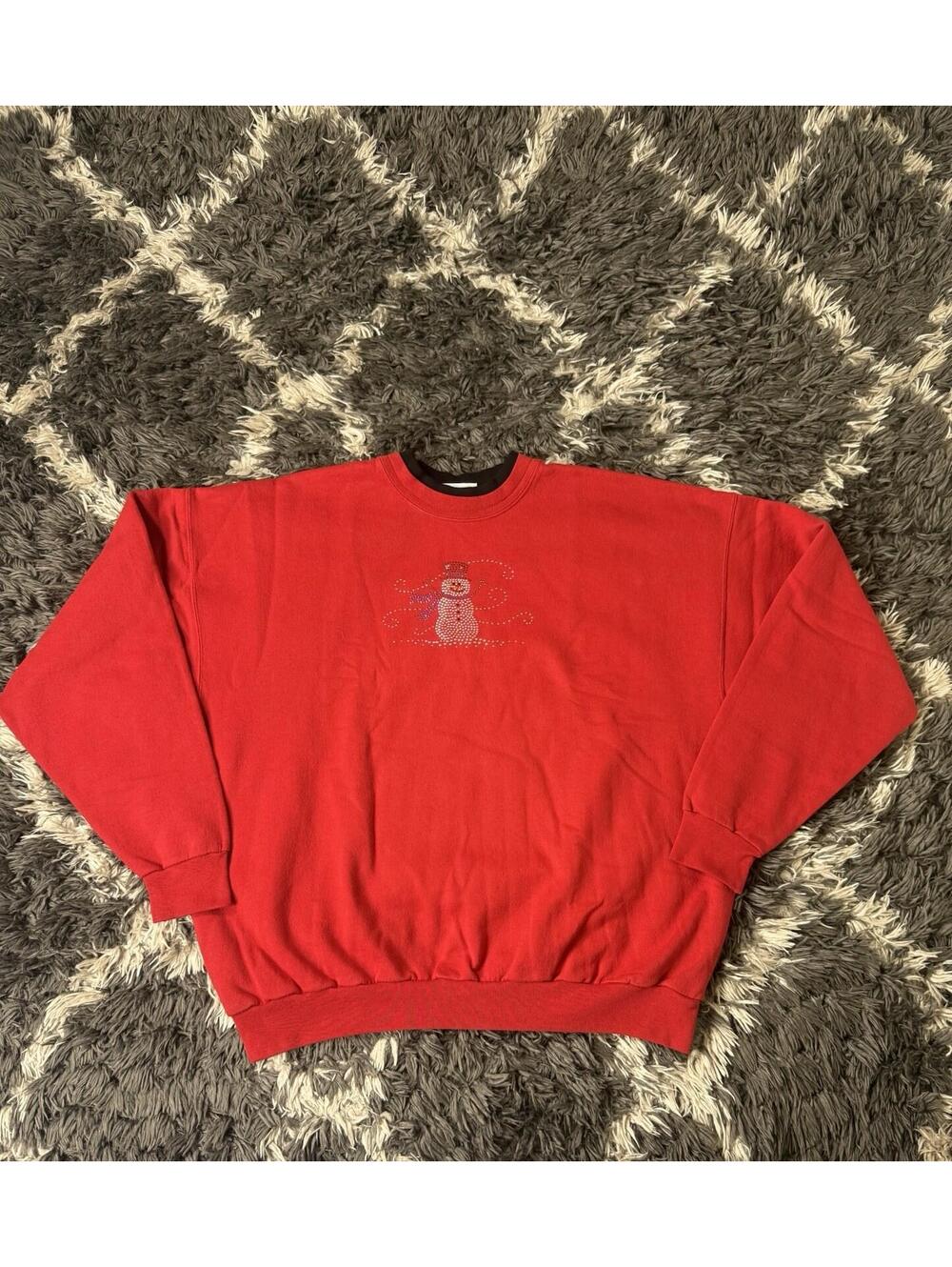 Vintage Morning Sun Christmas Sweatshirt XL Red Rhinestone Snowman Double Neck